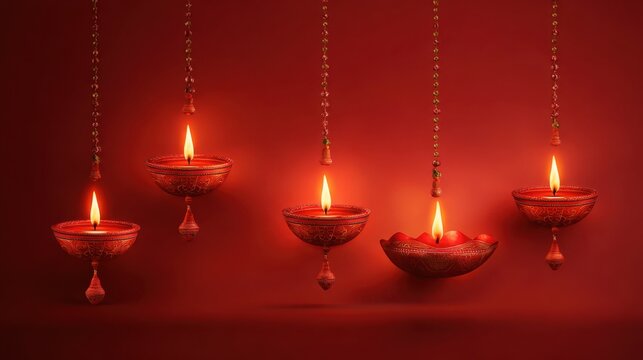 hanging diwali diya decorations in the red background