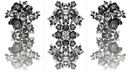 Black and white flower silhouettes with detailed shapes, presented in a high-contrast artistic style for graphic design use.