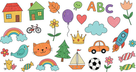 Fototapeta premium Collection of colorful hand drawn cartoon illustrations of houses trees cars rockets rainbows hearts and other fun elements for children