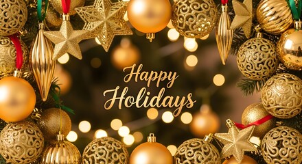 Elegant Happy Holidays greeting card concept with a beautiful border of shiny golden Christmas ornaments and glowing lights on a festive bokeh background