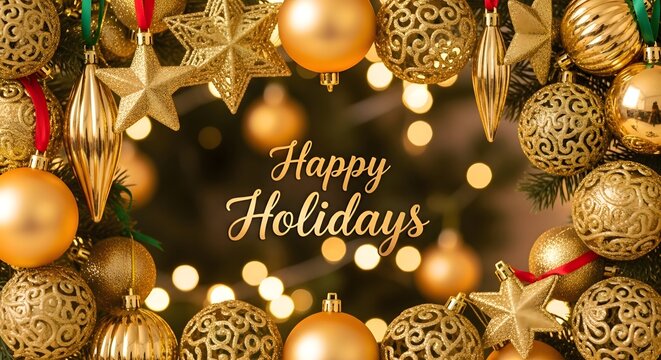 Elegant Happy Holidays greeting card concept with a beautiful border of shiny golden Christmas ornaments and glowing lights on a festive bokeh background