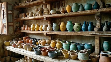 Extensive collection of handcrafted ceramic vases and pots displayed on wooden shelves, highlighting the variety of shapes, colors, and textures in pottery art