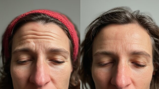 Close-up comparison of forehead wrinkles showing before and after effects of skincare or cosmetic anti-aging treatment.