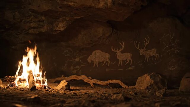 A warm campfire illuminates ancient cave paintings of bison and deer on a rock wall, depicting prehistoric life.