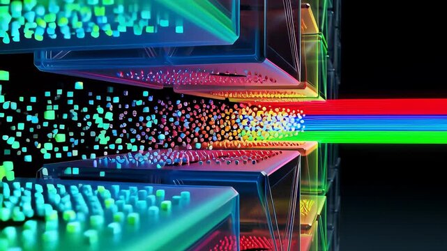 Futuristic data stream of colorful particles flowing through glass algorithm blocks in a seamless 3D animation, illustrating high-speed digital processing efficiency.