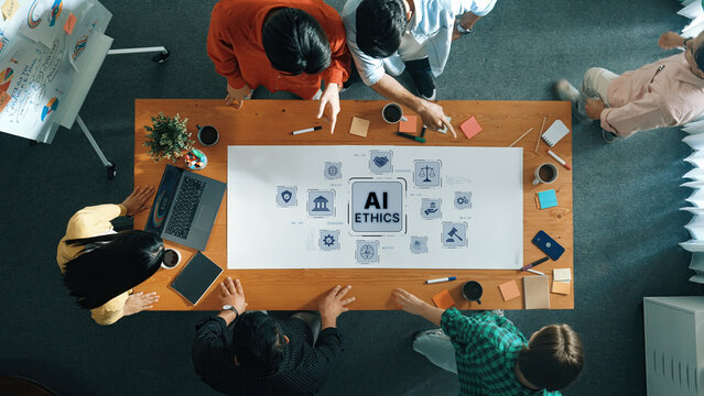 A diverse group of professionals collaborates on AI ethics, discussing innovative ideas and strategies in a modern office environment that encourages creativity and engagement. Trope