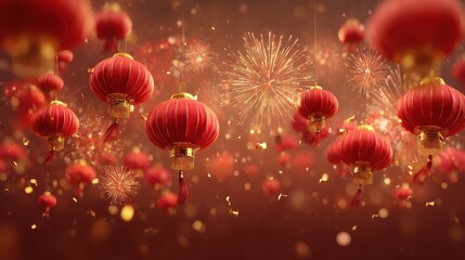 festive chinese new year backdrop with red lanterns and golden firework display