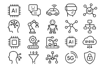 Artificial Intelligence and Modern Technology Line Icon Set &ndash; AI, Machine Learning, Robotics, Automation, Data, Network, Innovation Symbols