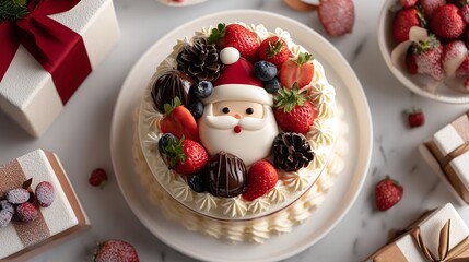 A delicious Christmas cake decorated with Santa Claus, chocolates, strawberries, blueberries, cherries and fresh cream sits on a marble table filled with gift boxes.