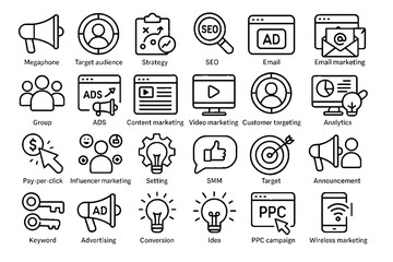 Digital Marketing and Advertising Icons Set &ndash; Line Style SEO, PPC, Social Media, Target Audience, Content Marketing, Analytics Symbols