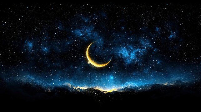 A bright crescent moon shines in a vast, star-filled night sky with blue nebulas, casting a glow over a dark, silhouetted landscape below.