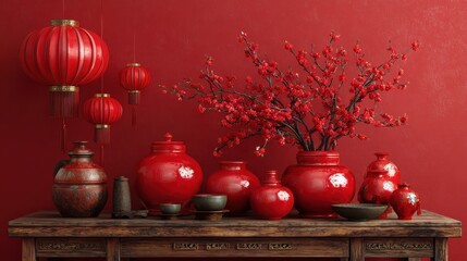 vibrant chinese new year decorations adorn wooden table set deep red backdrop