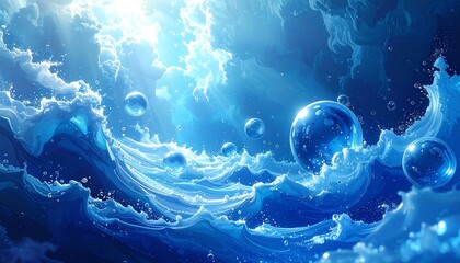 Abstract view of blue sea with dynamic waves, bubbles, and bright sunlight shining through cloudscape above