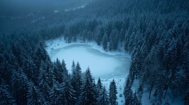 Aerial view of a serene, snow-covered forest encircling a partially frozen lake, capturing the beauty of winter wilderness.