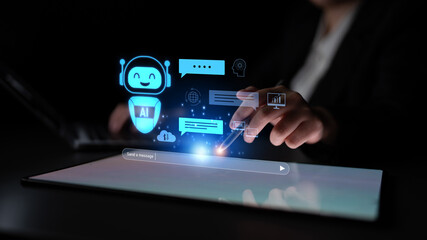 Fototapeta premium AI chatbot improves virtual assistant interaction. AI chatbot processes text, supports users, AI chatbot automates replies, and AI chatbot enables smart messaging. Latch