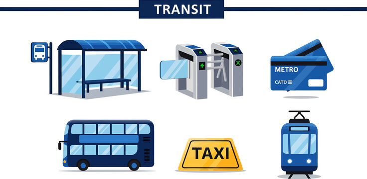 Collection of blue and yellow public transit icons and elements No Background