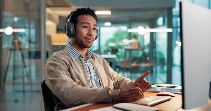 Man, headphones and music in office with computer for financial report, budget proposal and playlist. Person, smile and audio in workplace with technology for finance plan, streaming song or album