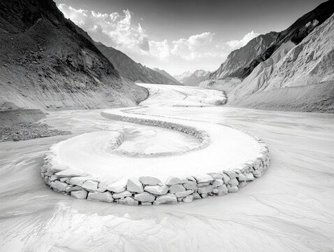 A winding path, bordered by a low stone wall, traverses a wide, barren valley between imposing mountains, leading towards a distant glacier.