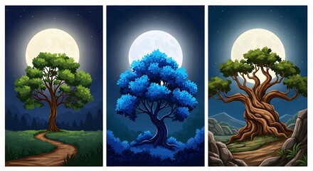 Three mystical trees under a large full moon