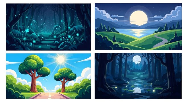Four pixel art scenes enchanted forest moonlit landscape sunny meadow and mystical pathway