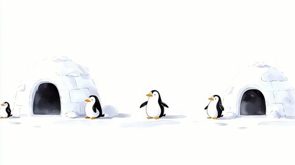 A charming watercolor illustration depicts a snowy arctic scene with several cute penguins standing near igloos.