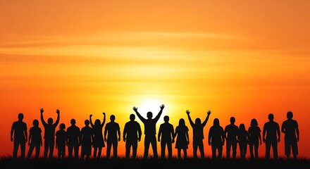 Silhouettes of a jubilant crowd celebrating at sunset with arms raised