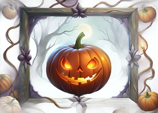 Spooky jack o lantern glowing in a haunted forest frame