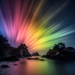 Naklejka premium Vibrant Aurora Borealis Display Over a Rocky Coastal Landscape