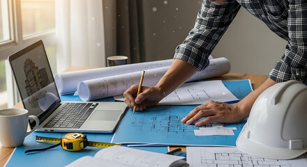 Architect engineer working on architectural blueprints and building designs, using a laptop with 3d model, in an office studio.