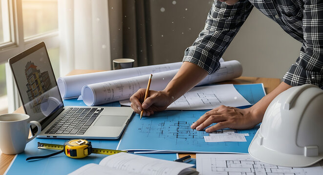 Architect engineer working on architectural blueprints and building designs, using a laptop with 3d model, in an office studio.