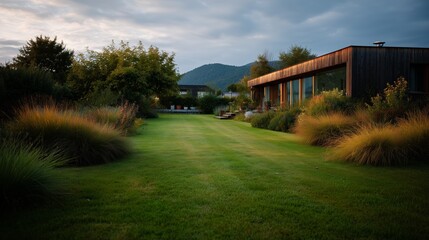 Obraz premium Contemporary house with expansive landscaped garden and mountain views, bathed in soft evening light for a serene atmosphere.
