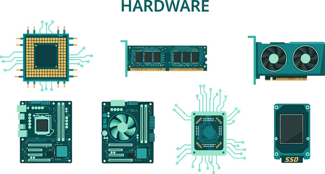 Illustration of various computer hardware components arranged horizontally under the title HARDWARE