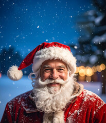 Papá Noel con barba blanca, gorro y traje rojo, en un paisaje de fantasia con nieve,, para mensaje navideño, cartas navideñas, campañas de navidad y felicitaciones.