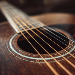 close-up of guitar strings and wooden texture, soft focus, musician equipment concept