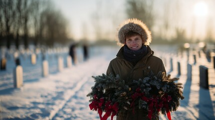 Person holds festive wreath in serene, snowy cemetery setting, reflecting winter warmth and remembrance during the holiday season.