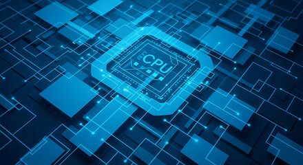 Central processing unit chip with glowing circuit lines representing advanced digital technology and data processing