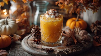 seasonal pumpkin cocktail recipe cozy autumn setting food photography warm mood closeup perspective