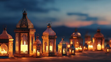 Fototapeta premium ramadan kareem night scene with traditional lanterns glowing warmly against a serene evening sky creating peaceful islamic festival atmosphere for eid celebration and holy month background