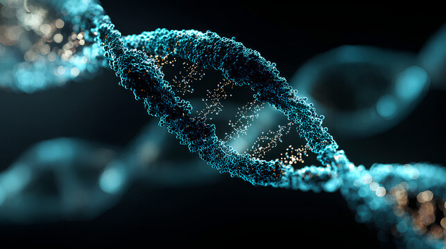 Teal bioluminescent double helix merging organic molecular spheres and computational micro-circuit lines in futuristic digital artwork on black background