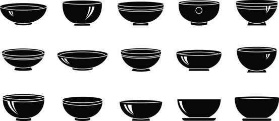 Black bowl silhouette set, ceramic dish shapes, pottery design icons, kitchenware vector, flat style, cad drawing flat vector illustration