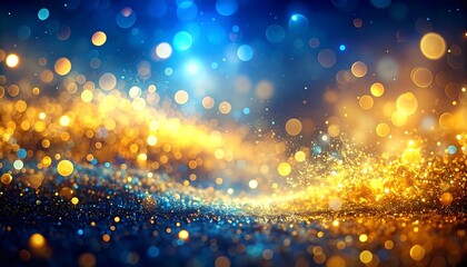 Abstract background of golden light bokeh against deep blue backdrop, resembling cosmic waves and sparkling particles