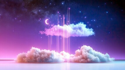 A surreal dreamscape featuring fluffy, illuminated clouds floating against a twilight sky filled with stars and a crescent moon.