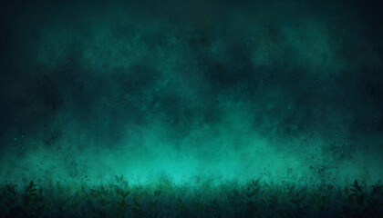 Abstract dark teal and turquoise misty background with fog and smoke hovering over a dark foreground of subtle foliage or leaves