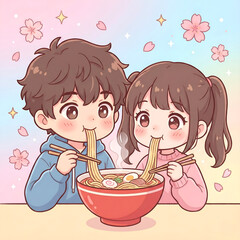 Cute anime or manga style illustration of a young couple eating a large bowl of ramen noodles together with chopsticks against a colorful, pastel background with cherry blossoms