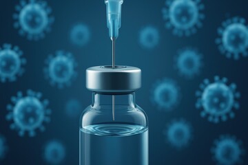 Syringe is poised above glass vial filled with clear liquid, symbolizing vaccination and health. background features stylized representations of viruses, importance of immunization