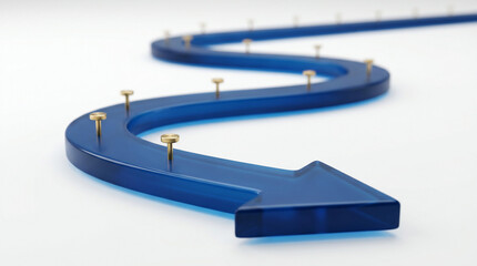 Blue Arrow, a Winding Path with Golden Markers, Illustrating a Conceptual Journey on a Clean White Background.