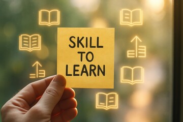 Skill to learn is motivational importance of new abilities.hand holding sticky note with this phrase, surrounded by icons representing books and growth