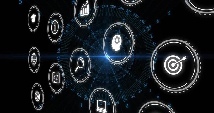 3D holo UI rotating, panning right, zooming, hub pulsing aligning magnifier to highlight search