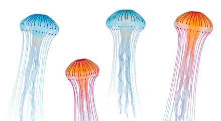 olorful jellyfis float gently against a clean white background
