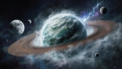 Cosmic Planet with Rings and Moons in Nebula with Lightning.